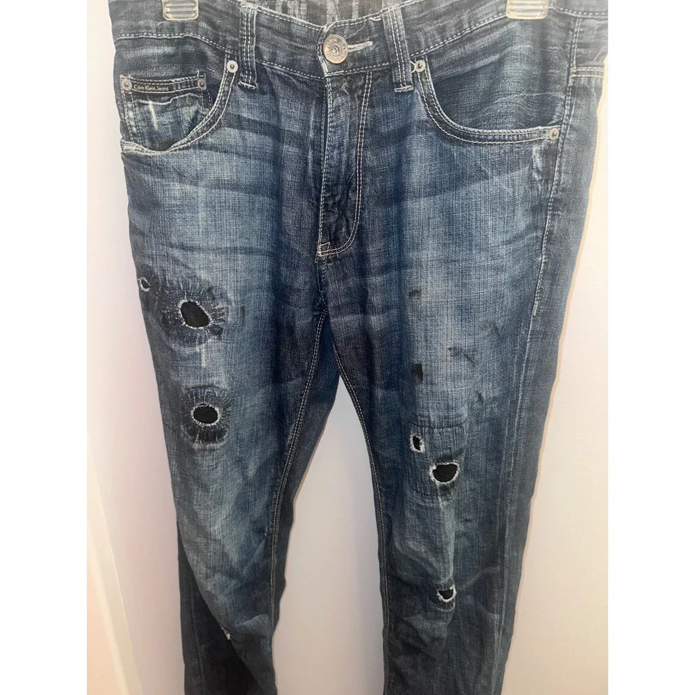 Calvin Klein Jeans Rocker Low Rise Straight Distressed Patchwork Denim Blue Mens
